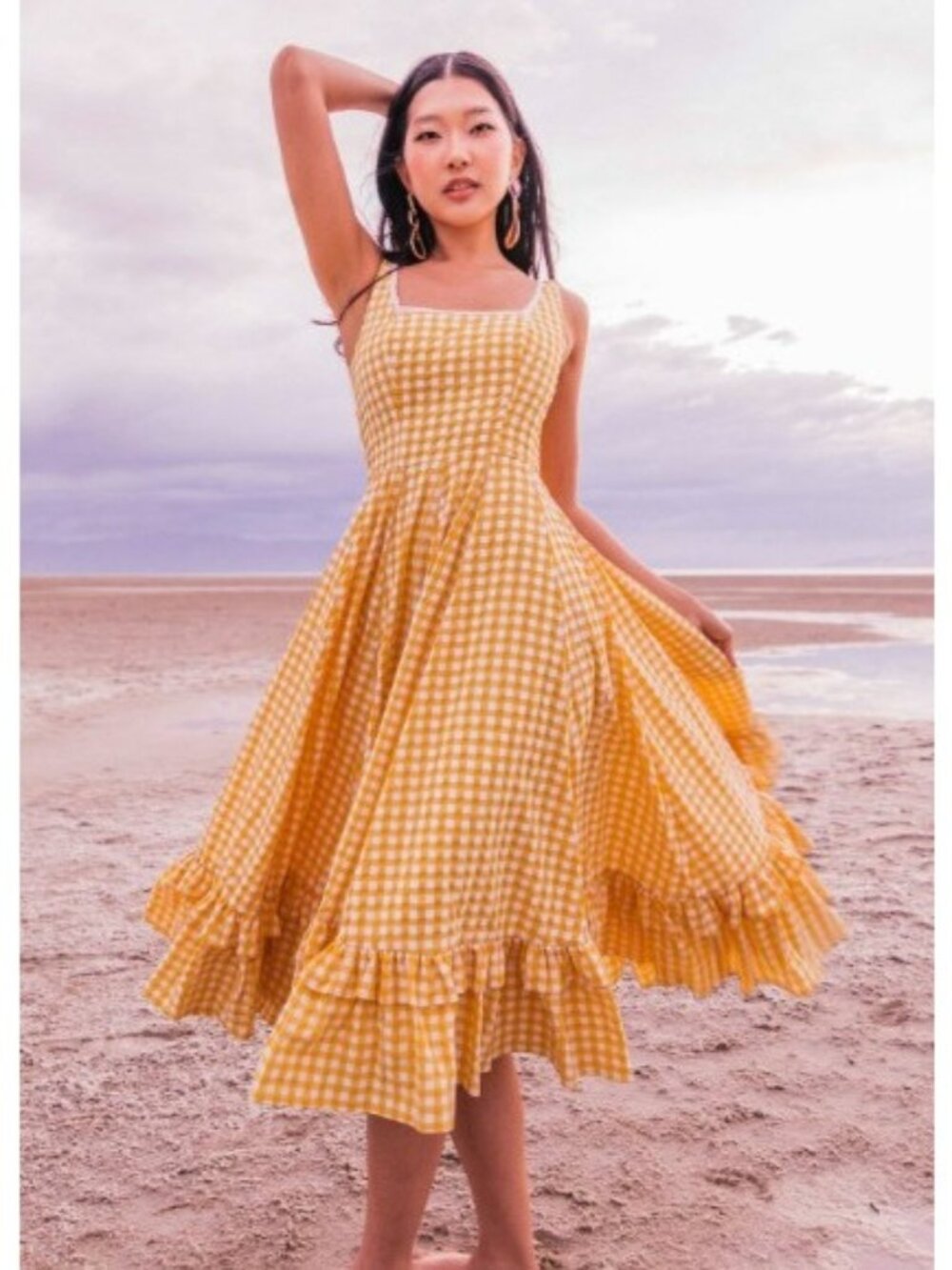 Jessakae Daze Dress Women's Large Yellow Gingham Fit & Flare Midi Ruffle Hem